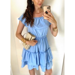 Rochie de zi scurta albastru deschis cu volanase pe umeri