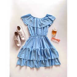 Rochie de zi scurta albastru deschis cu volanase pe umeri