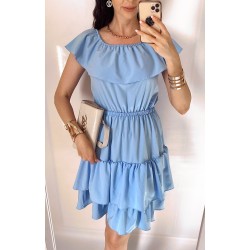 Rochie de zi scurta albastru deschis cu volanase pe umeri