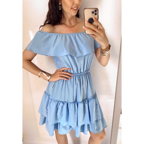 Rochie de zi scurta albastru deschis cu volanase pe umeri