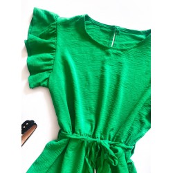 Rochie de zi scurta verde cu volanase la manecute si format parte peste parte