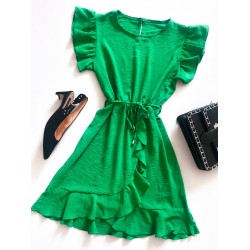 Rochie de zi scurta verde cu volanase la manecute si format parte peste parte