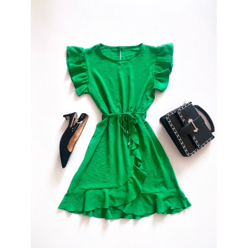 Rochie de zi scurta verde cu volanase la manecute si format parte peste parte
