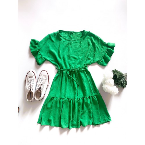 Rochie de zi scurta verde cu volanase la maneci