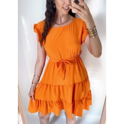 Rochie de zi scurta portocalie cu volanase la manecute