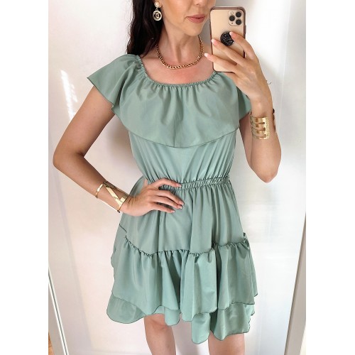 Rochie de zi scurta khaki cu volanase pe umeri