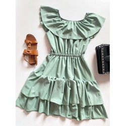 Rochie de zi scurta khaki cu volanase pe umeri