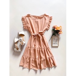 Rochie de zi scurta roz cu volanase la manecute