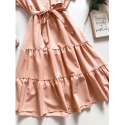 Rochie de zi scurta roz cu volanase la manecute