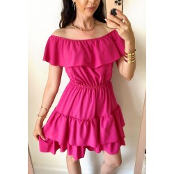 Rochie de zi scurta roz cu volanase pe umeri