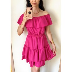 Rochie de zi scurta roz cu volanase pe umeri