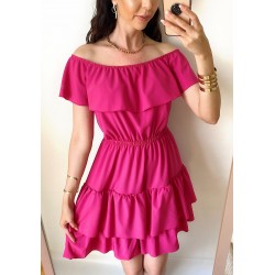 Rochie de zi scurta roz cu volanase pe umeri