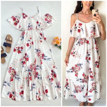 Rochie midi casual ieftina alba cu imprimeu floral si maneci cazute pe umeri