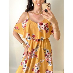 Rochie midi casual ieftina galben mustar cu imprimeu floral si maneci cazute pe umeri