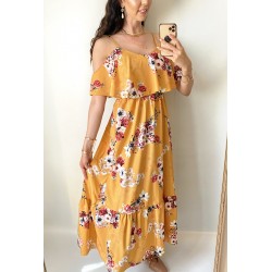 Rochie midi casual ieftina galben mustar cu imprimeu floral si maneci cazute pe umeri