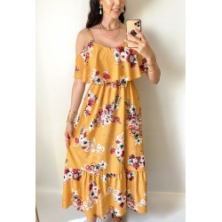 Rochie midi casual ieftina galben mustar cu imprimeu floral si maneci cazute pe umeri