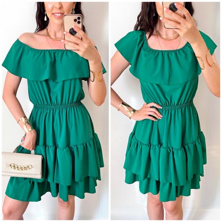 Rochie de zi scurta verde cu volanase pe umeri
