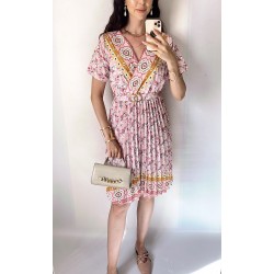 Rochie casual ieftina crem cu imprimeu floral, maneca scurta si model indian la decolteu