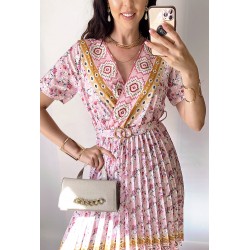 Rochie casual ieftina crem cu imprimeu floral, maneca scurta si model indian la decolteu