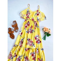 Rochie midi casual ieftina galben cu imprimeu floral si maneci cazute pe umeri