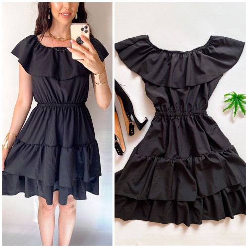 Rochie de zi scurta neagra cu volanase pe umeri