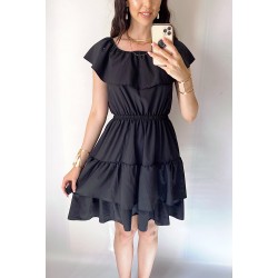 Rochie de zi scurta neagra cu volanase pe umeri