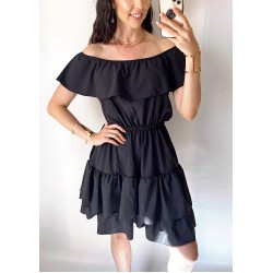 Rochie de zi scurta neagra cu volanase pe umeri