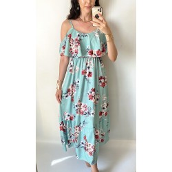 Rochie midi casual ieftina verde cu imprimeu floral si maneci cazute pe umeri
