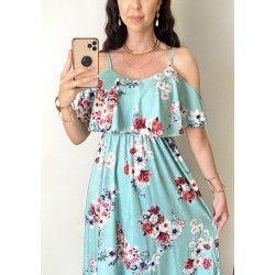 Rochie midi casual ieftina verde cu imprimeu floral si maneci cazute pe umeri