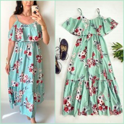 Rochie midi casual ieftina verde cu imprimeu floral si maneci cazute pe umeri