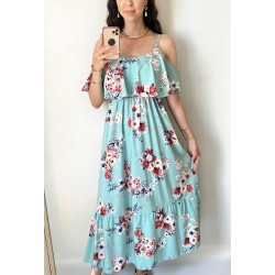 Rochie midi casual ieftina verde cu imprimeu floral si maneci cazute pe umeri