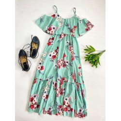 Rochie midi casual ieftina verde cu imprimeu floral si maneci cazute pe umeri
