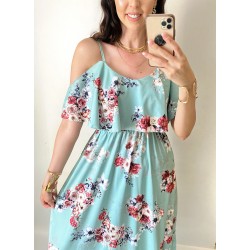 Rochie midi casual ieftina verde cu imprimeu floral si maneci cazute pe umeri