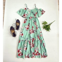 Rochie midi casual ieftina verde cu imprimeu floral si maneci cazute pe umeri
