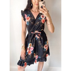 Rochie de zi scurta neagra cu flori si volanase la manecute