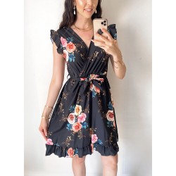 Rochie de zi scurta neagra cu flori si volanase la manecute