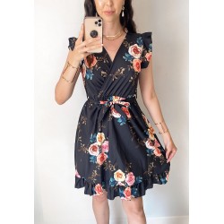 Rochie de zi scurta neagra cu flori si volanase la manecute