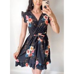 Rochie de zi scurta neagra cu flori si volanase la manecute