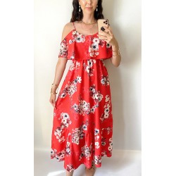 Rochie midi casual ieftina rosie  cu imprimeu floral si maneci cazute pe umeri