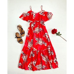 Rochie midi casual ieftina rosie  cu imprimeu floral si maneci cazute pe umeri