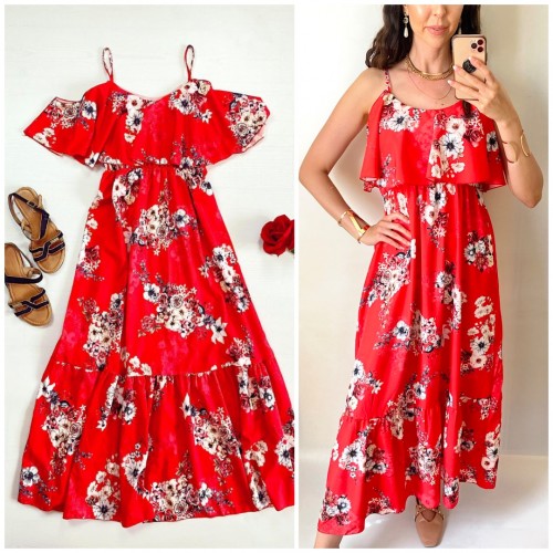 Rochie midi casual ieftina rosie  cu imprimeu floral si maneci cazute pe umeri