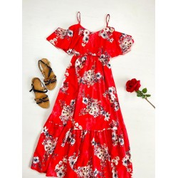 Rochie midi casual ieftina rosie  cu imprimeu floral si maneci cazute pe umeri
