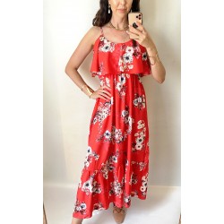 Rochie midi casual ieftina rosie  cu imprimeu floral si maneci cazute pe umeri