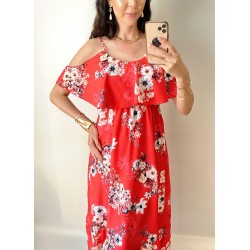 Rochie midi casual ieftina rosie  cu imprimeu floral si maneci cazute pe umeri