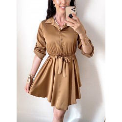 Rochie de zi scurta ieftina tip camasa maro cu nasturi si cordon in talie