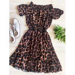 Rochie de zi ieftina neagra cu imprimeu animal print si umerii goi