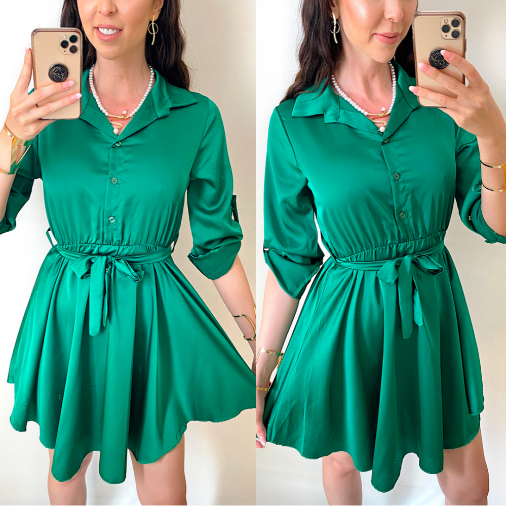 Rochie de zi scurta ieftina tip camasa verde cu nasturi si cordon in talie