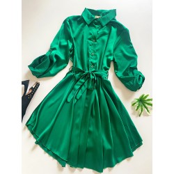 Rochie de zi scurta ieftina tip camasa verde cu nasturi si cordon in talie
