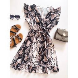 Rochie de zi scurta gri cu imprimeu snake print si volanase la manecute