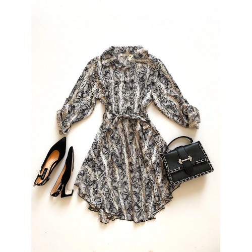 Rochie de zi ieftina gri stil camasa cu imprimeu snake print